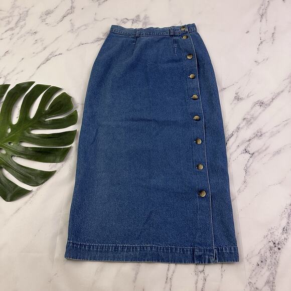 Charter Club Womens Vintage 90s Denim Jean Skirt Size 6 Button Trim Midi Blue - Picture 1 of 9